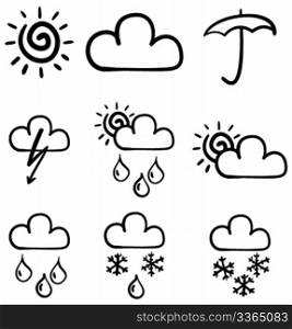 Set of symbols for the indication of weather. Vector illustration. Sketch simulate.
