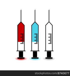 Set of syringes with blood, medicine and empty, laboratory research. Vector illustration