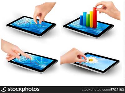 Set of tablet screen with graph and a hand. Vector.
