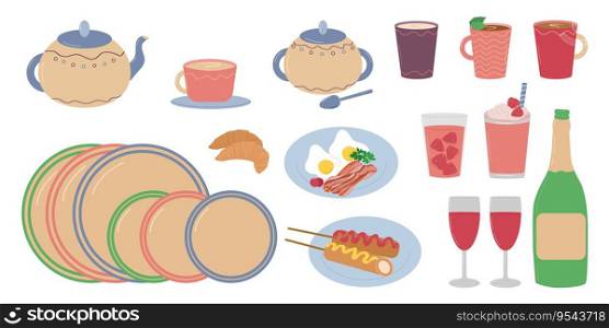 Set of tableware for decorating  dining room. Plates and cups, drinks and food, cocktail and tea. Vector illustration.  