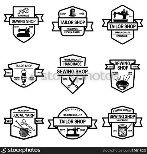 Set of tailor shop emblems. Design elements for logo, label, sign, badge. Vector illustration