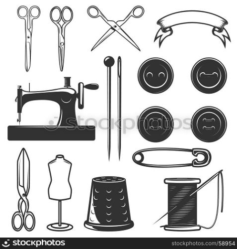 Set of tailor tools and design elements. Design elements for logo, label, emblem, sign, brand mark. Vector illustration
