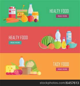 Set of Tasty and Healthy Food banners. Flat design. Collection of nutrition horizontal concept vectors with various foods and drinks. Illustration for cafe, grocery, farm web page, menus design. . Set of Tasty and Healthy Food Vector Web Banners