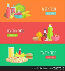 Set of Tasty and Healthy Food Vector Web Banners. Set of Tasty and Healthy Food banners. Flat design. Collection of nutrition horizontal concept vectors with various foods and drinks. Illustration for cafe, grocery, farm web page, menus design.