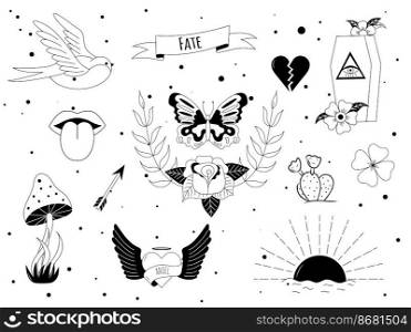 Set of tattoo in y2k, 1990s, 2000s style. Emo goth element design with broken hearts, rose, flower, butterfly, fire. Old school tattoo. Vector illustration.. Set of tattoo in y2k, 1990s, 2000s style. Emo goth element design with broken hearts, rose, flower, butterfly, fire. Old school tattoo. Vector illustration