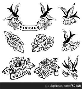 Set of tattoo templates with swallows and roses. Old school tattoo. Vector illustration