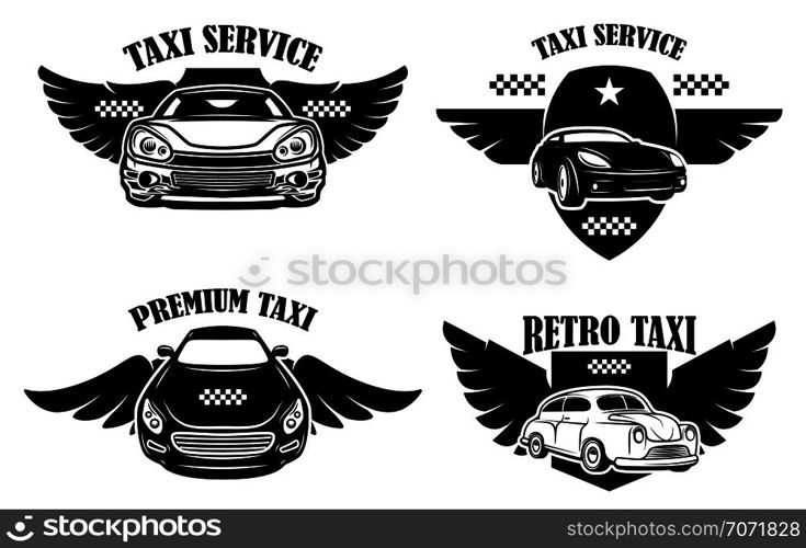 Set of taxi service emblems. Signs with winged taxi cars. Design element for logo, label, sign, poster. Vector illustration