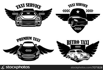 Set of taxi service emblems. Signs with winged taxi cars. Design element for logo, label, sign, poster. Vector illustration
