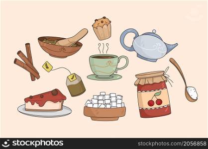 Set of tea and pastry for dessert tasting at home. Collection of coffee and sweet stuff muffin or cupcake with jam. Eating drinking at home for winter weekend relaxation. Vector illustration. . Set of tea and dessert items
