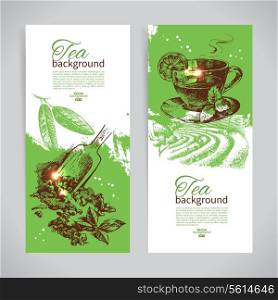 Set of tea vintage banners. Hand drawn sketch illustrations. Menu design backgrounds
