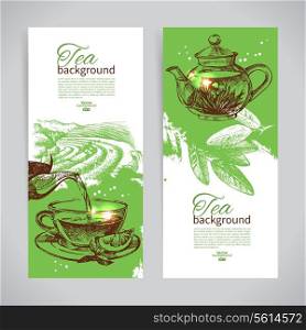 Set of tea vintage banners. Hand drawn sketch illustrations. Menu design backgrounds&#x9;