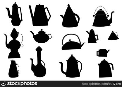 Set of teapots in black colour. Silhouette.
