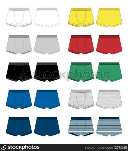 Set of technical sketch boxer shorts. Underpants isolated on white background. Man underwear. White, gray, black, blue, yellow, red, green, melange and stripes fabric. Vector illustration. Set of technical sketch boxer shorts. Underpants isolated on white background.