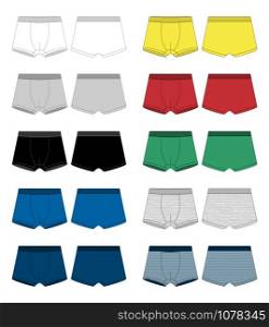 Set of technical sketch boxer shorts. Underpants isolated on white background. Man underwear. White, gray, black, blue, yellow, red, green, melange and stripes fabric. Vector illustration. Set of technical sketch boxer shorts. Underpants isolated on white background.