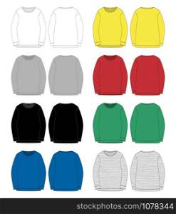 Set of technical sketch for men sweatshirt. Front and back view. Technical drawing kids clothes. White, gray, black, blue, yellow, red, green colors melange and stripes fabric. Vector illustration. Set of technical sketch for men sweatshirt. Front and back view.