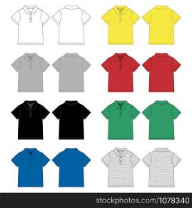 Set of technical sketch polo t shirt design template. Front and back view. White, gray, black, blue, yellow, red, green colors and melange fabric. Vector illustration. Set of technical sketch polo t shirt design template.
