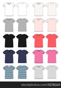Set of technical sketch unisex t-shirt design template. Front and back view. White, grey, black, blue, milk, pink, red colors, melange and stripes fabric. Vector illustration. Set of technical sketch unisex t-shirt design template. Front and back vector.