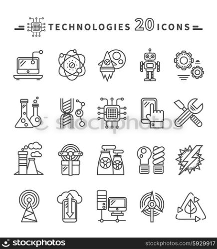 Set of technologies black thin, lines, outline icons for energy, robotics, communications, environment, aerospace, mechanical engineering on white background. For web construction, mobile applications