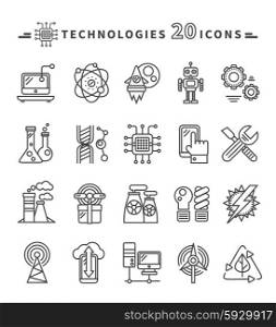 Set of technologies black thin, lines, outline icons for energy, robotics, communications, environment, aerospace, mechanical engineering on white background. For web construction, mobile applications