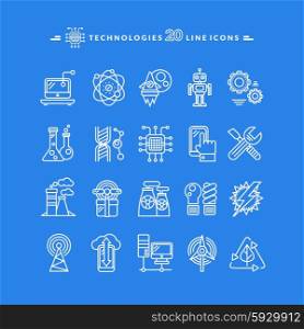 Set of technologies white thin, lines, outline icons for energy, robotics, communications, environment, aerospace, mechanical engineering on blue background. For web construction, mobile applications