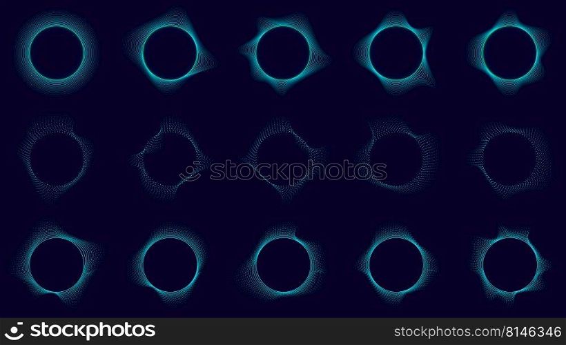 Set of technology abstrcat blue circles elements wave lines on dark background. Vector illustration