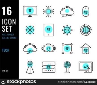 Set of technology line icons electronics related. Editable stroke. Pixel Perfect. Vector illustration