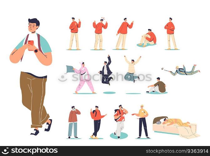 Set of teenager guy in different life situation and emotions. Cartoon male boy teenage character lifestyle  relax, chatting in smartphone, sleep, walk, speak. Flat vector illustration. Set of teenager guy in different life situation emotions. Cartoon male teenage character lifestyle