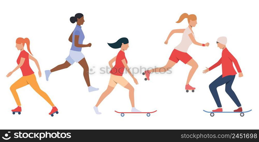 Set of teens skateboarding and rollerblading. Multiethnic girls and boy doing outdoor activities. Vector illustration can be used for presentation, brochure, leisure. Set of teens skateboarding and rollerblading