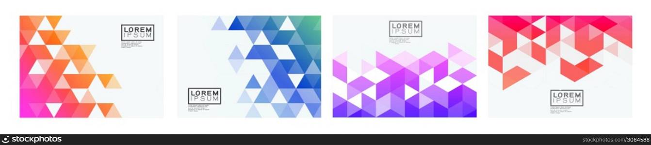 Set of template with colorful gradient triangle pattern on each corner position with white space. Modern geometric background for business or corporate presentation. vector illustration