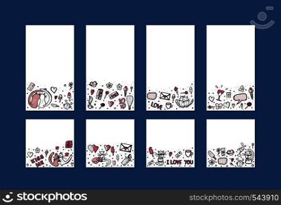 Set of templates for social media with doodle set of cute love symbols and cats. Backgrounds for story and posts with empty space for text. Vector illustration.