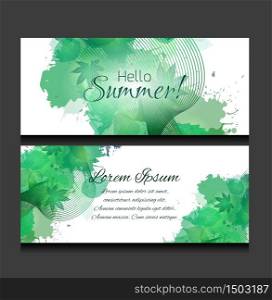 Set of templates of horizontal banners with green leaves, watercolor spray and place for text. Blanks, leaflets, vouchers. Element for your design. Set of templates of horizontal banners with green leaves, waterc