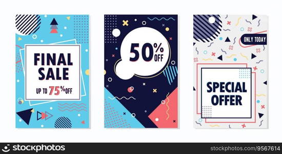 Set of templates of sale and discount offers. Memphis-style vector illustrations in bright colors for website, flier or social media marketing 