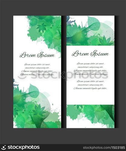 Set of templates of vertical blanks with green leaves, watercolor spray and place for text. Vertical banners, leaflets, vouchers. Element for your design. Set of templates of vertical blanks with green leaves, watercolo
