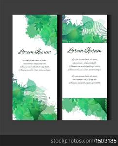 Set of templates of vertical blanks with green leaves, watercolor spray and place for text. Vertical banners, leaflets, vouchers. Element for your design. Set of templates of vertical blanks with green leaves, watercolo