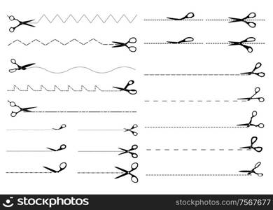 Set of templates with scissors cutting paper along dotted, zigzag or wavy lines, for any product design