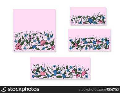 Set of templates with wild flowers and leaves composition. Hand drawn style baclgrounds. Vector ilustration.