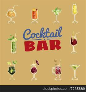 Set of ten beautiful illustration of some of the most famous Cocktails and Drink. Set of ten beautiful illustration of some of the most famous Cocktails and Drink from all around the world, icon, vector illustration