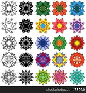 Set of ten black and fifteen colorful stylized flowers, vector illustrations isolated on the white background
