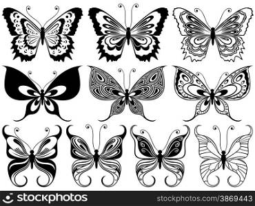 Set of ten black ornamental stencils of beautiful butterflies isolated on a white background, hand drawing vector illustration