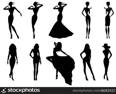 Set of ten hand drawing female black vector silhouettes isolated on the white background