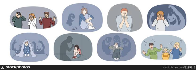 Set of terrified people scared unable to control emotions. Collection of frightened men and women feel fear and shock, suffer from bullying or psychological mental problems. Vector illustration. . Set of frightened people feel scared suffer from mental problems