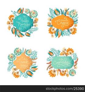 Set of textured floral decorative frame, border, label. Bet for greeting card, print, poster, wrapping paper, postcard. Vector isolated illustration