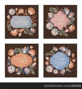 Set of textured floral decorative frame, border, label. Bet for greeting card, print, poster, wrapping paper, postcard. Vector illustration