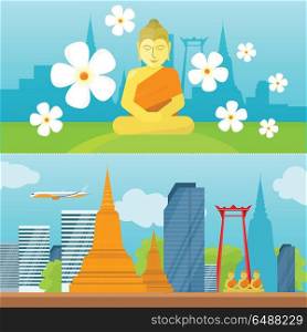 Set of Thailand Travel Poster. Set of Thailand tourism poster design with attractions. Horizontal banner with cityscape, buddha, pagoda, flowers. Thailand landmark. Thailand travel poster design in flat. Travel composition.