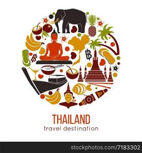 Set of Thailand travel symbols and Bangkok landmarks. Thai culture flat vector illustrations. Collection tourism icons elephant and monk, Golden Buddha and temple, flower and pineapple, flag and map.. Set of Thailand travel symbols and Bangkok landmarks.