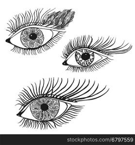 Set of the abstract hand drawn human eyes. Vector illustration in doodle style.