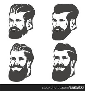 Set of the bearded man&rsquo;s head isolated on white background. Design elements for barber shop emblem, badge, sign, brand mark. Vector illustration.