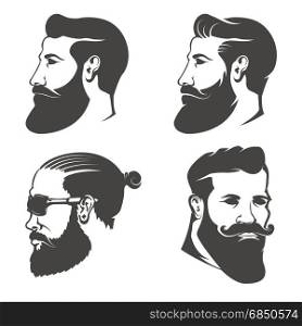 Set of the bearded man&rsquo;s head isolated on white background. Design elements for barber shop emblem, badge, sign, brand mark. Vector illustration.