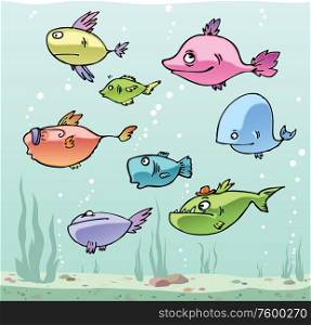 Set of the Cartoon Fishes #1. Set of the funny cartoon fishes in their habitat. Editable vector EPS v9.0.