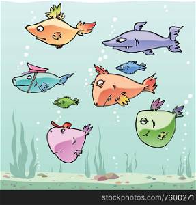 Set of the Cartoon Fishes #2. Set of the funny cartoon fishes in their habitat. Editable vector EPS v9.0.